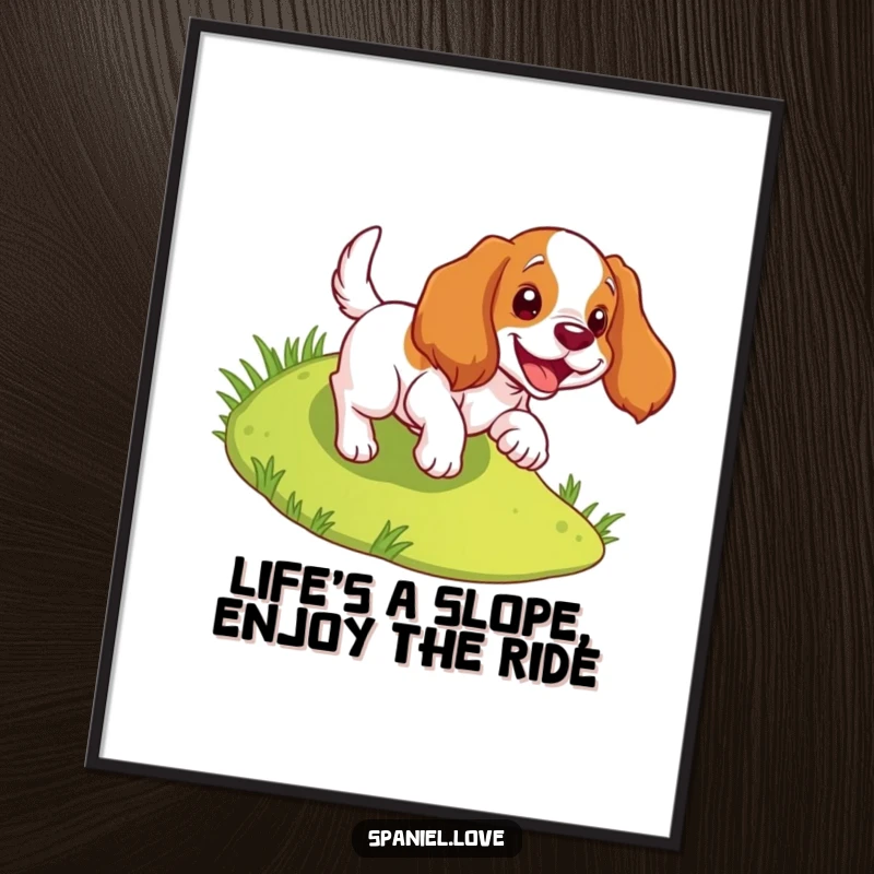Funny Free Printable Wall Art: Spaniel joyfully tumbles down a grassy slope, legs akimbo. Whimsical dog.