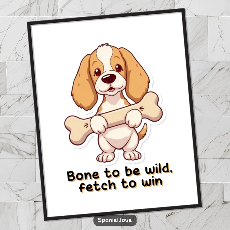 Funny Free Printable Wall Art: A spaniel looking proud while carrying a comically oversized bone.