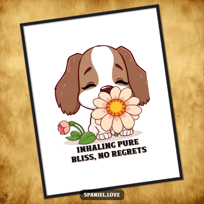 Funny Free Printable Wall Art: A happy spaniel buries its nose in a comically large flower, whimsical dog art.