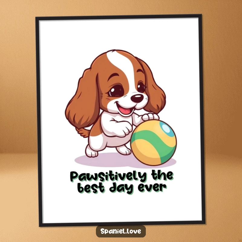 Funny Free Printable Wall Art: Mischievous spaniel puppy joyfully nudging a vibrant, bouncing ball, perfect for playful spaces.