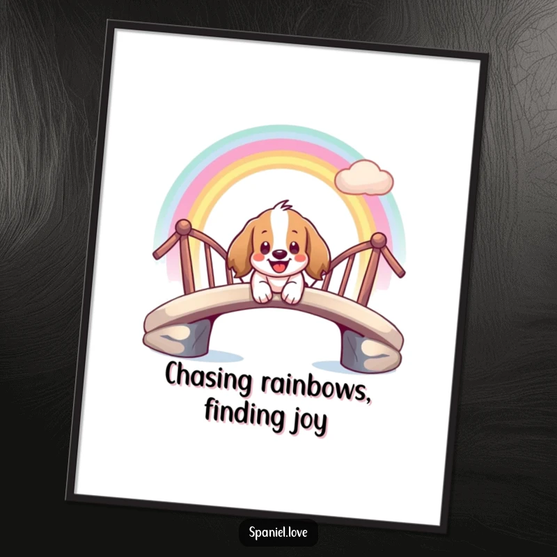 Funny Free Printable Wall Art: A giddy spaniel slides down a vibrant rainbow bridge with a smile, whimsical dog art.