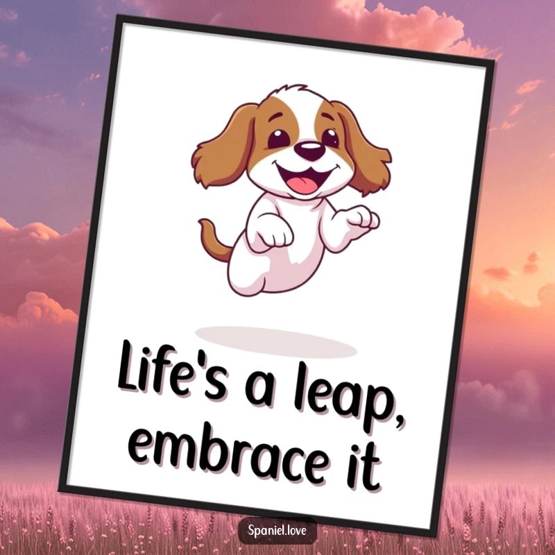Funny Free Printable Wall Art: Spaniel mid-air attempting a clumsy jump, with a huge, happy giggle.