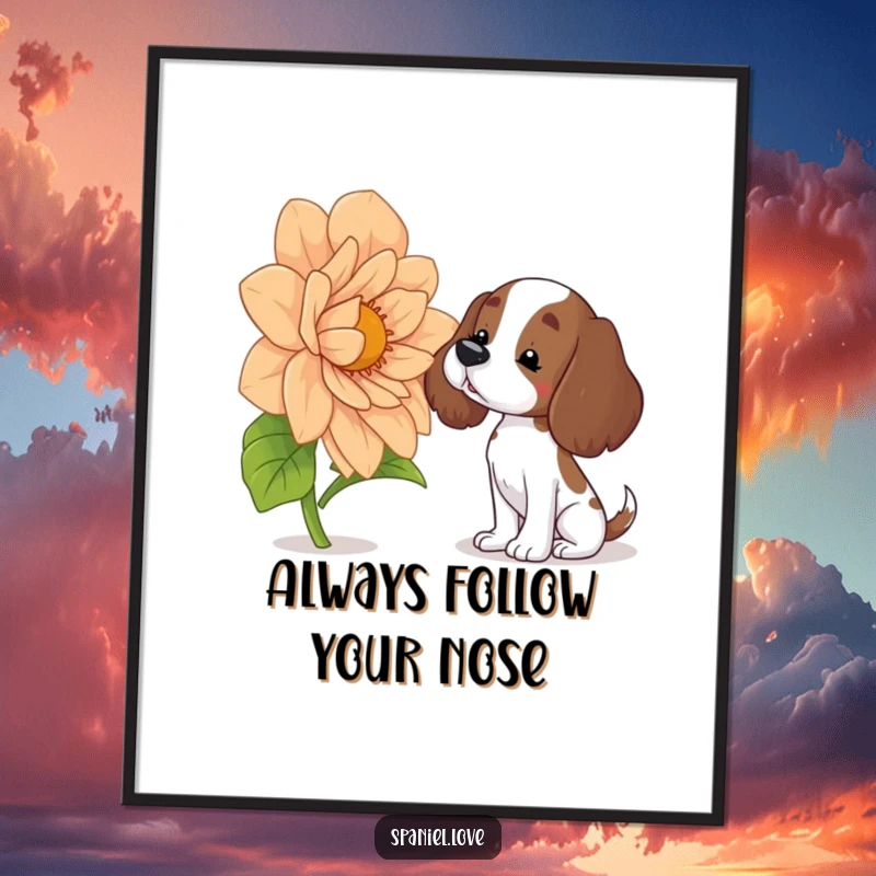 Funny free printable wall art of a spaniel with a tilted head, curiously sniffing a gigantic, blooming flower.