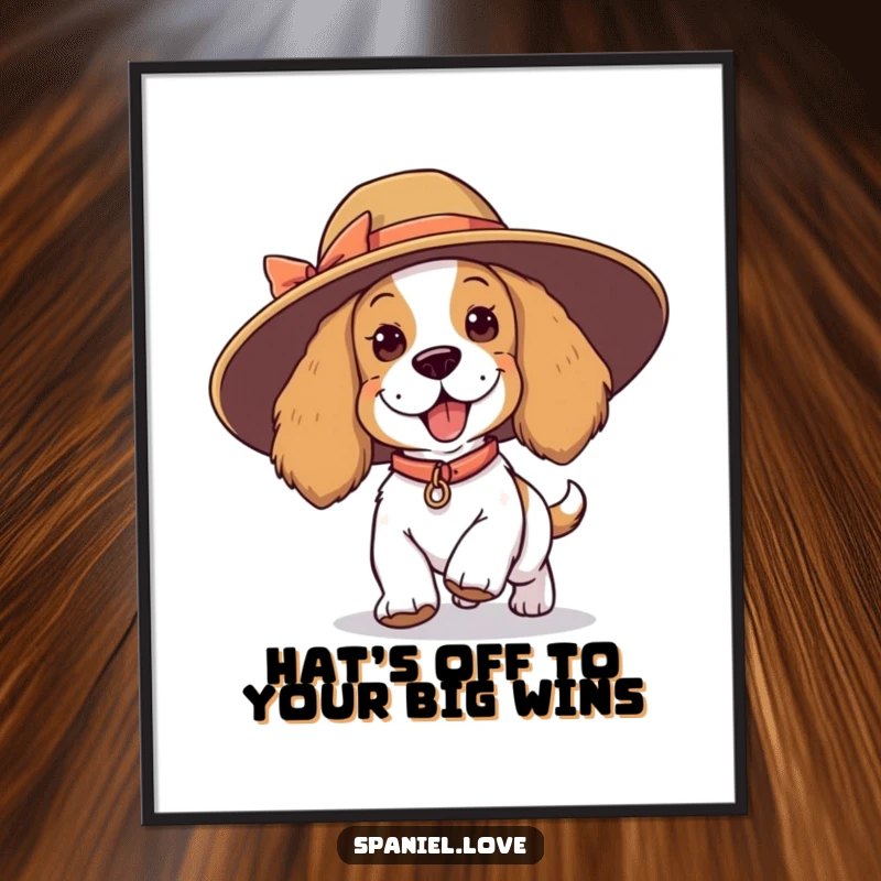 Funny Free Printable Wall Art: A playful spaniel character hilariously trips while wearing a comically large, floppy hat.