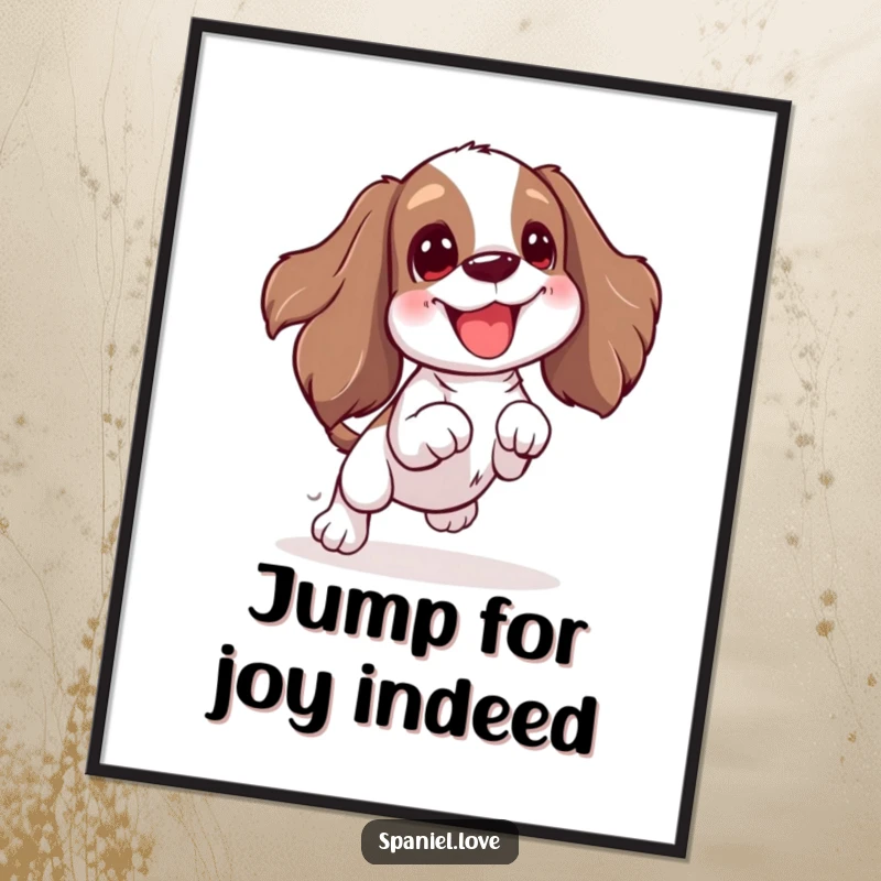 Funny Free Printable Wall Art: A spaniel character with an excited wiggle, jumping high for a thrown toy.