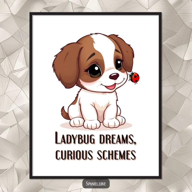 Funny Free Printable Wall Art: A curious spaniel cub tilting its head in fascination at a tiny ladybug.