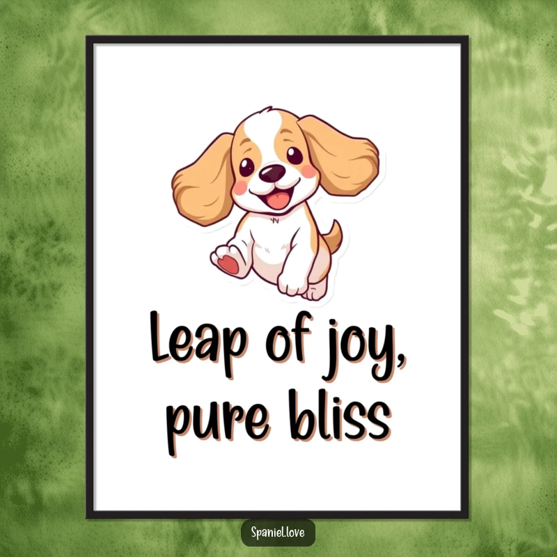 Funny Free Printable Wall Art: A comical spaniel captured mid-air, ears flying, radiating pure, unadulterated jumpy happiness.