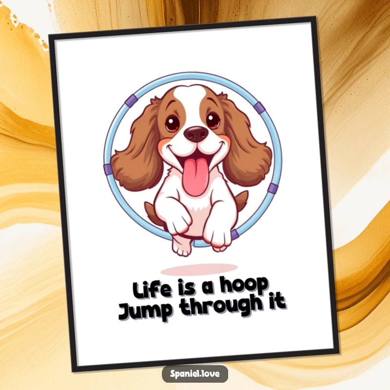 Funny Free Printable Wall Art: Goofy spaniel with tongue out leaps through a colorful hula hoop.