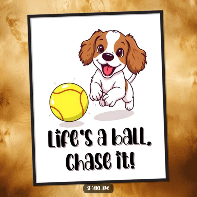 Funny free printable wall art: Energetic spaniel puppy intensely chasing a bouncing, oversized tennis ball, creating a dynamic and joyful scene.