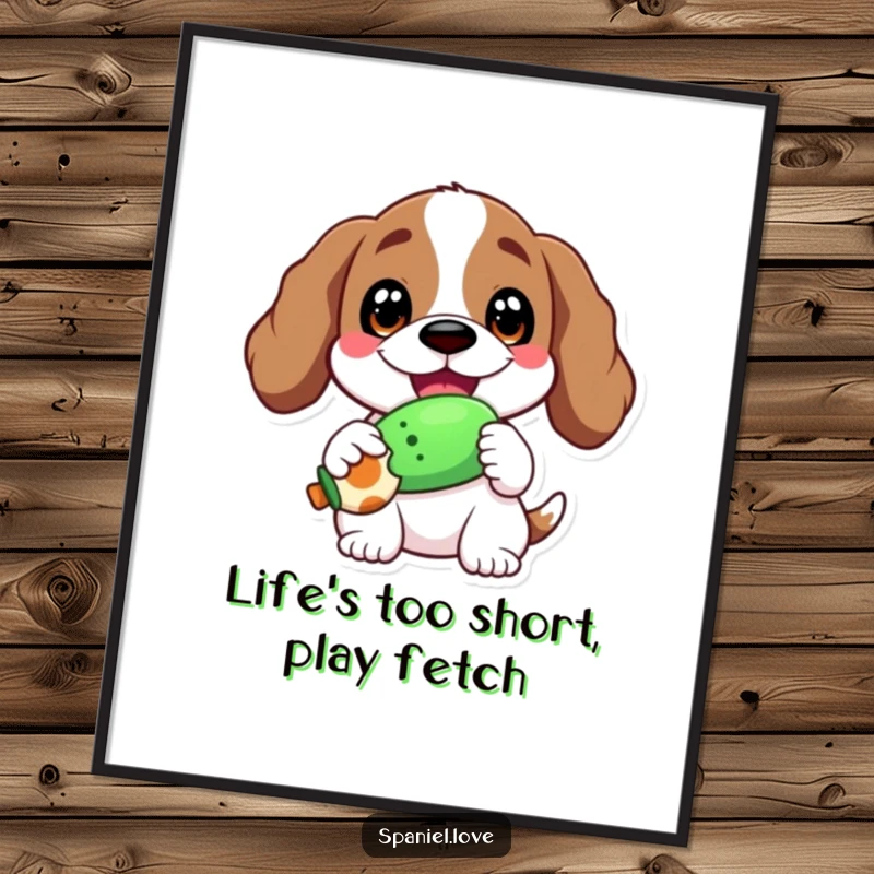 Funny Free Printable Wall Art: A spaniel with a massive grin clutches a squeaky toy, embodying pure doggy happiness.