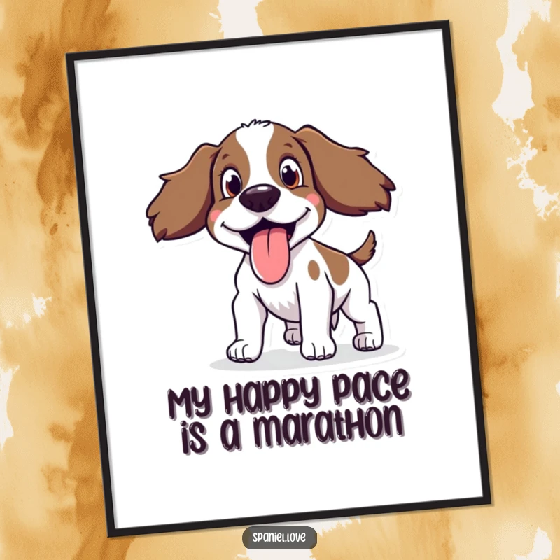Funny free printable wall art: A spaniel panting happily with its tongue lolling out, a cheerful downloadable piece.