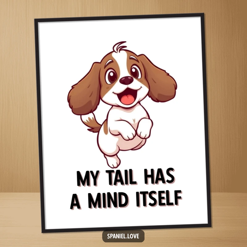 Funny Free Printable Wall Art: A spaniel comically leaps back from its own wildly wagging tail, dog humor decor.