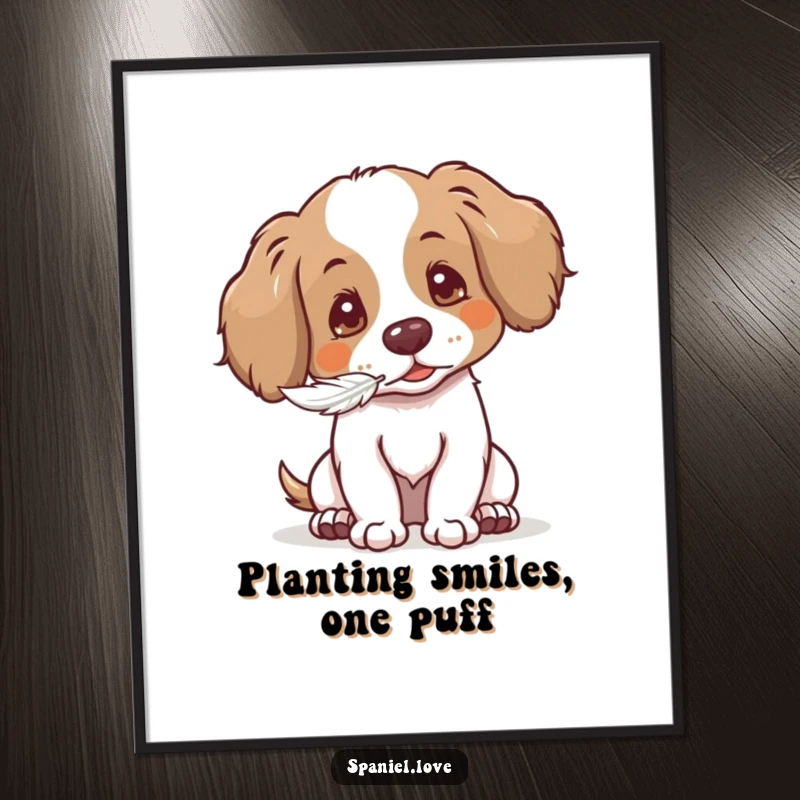 Funny Free Printable Wall Art: A spaniel character with a soft expression gently blowing a fluffy, feathery seed airborne.