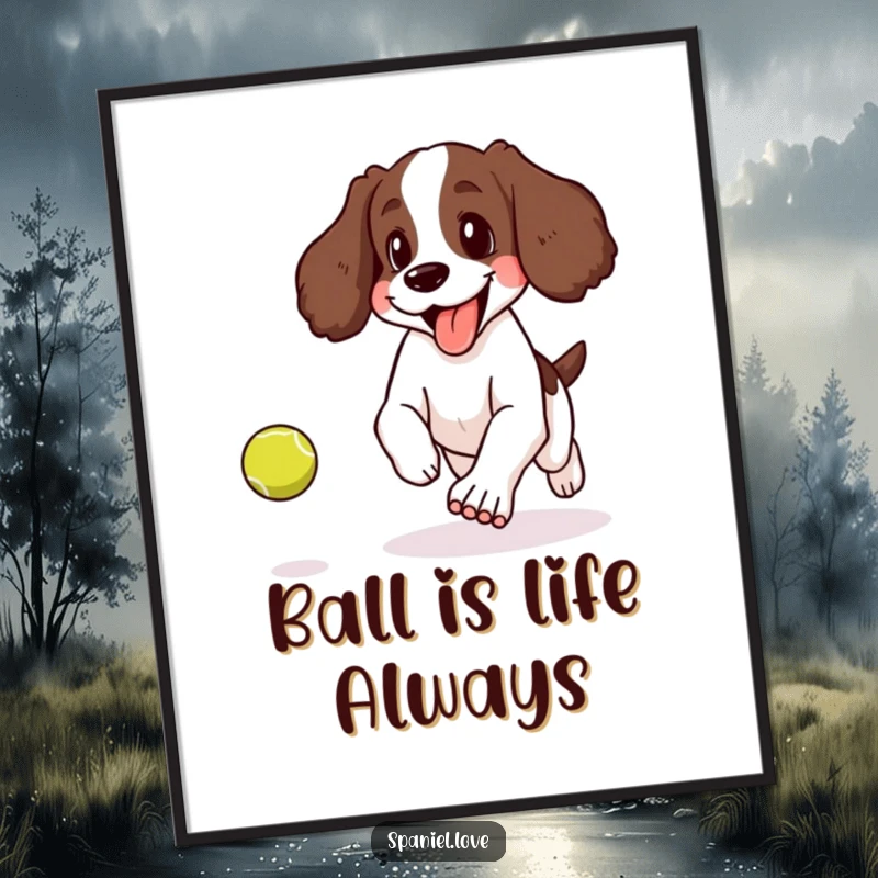 Funny Free Printable Wall Art: A spaniel happily pants with its tongue lolling, chasing a bouncing tennis ball.