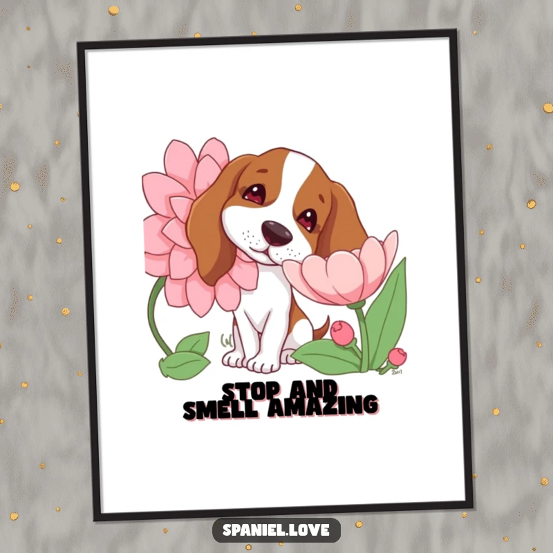 Funny Free Printable Wall Art: A spaniel curiously sniffing a giant blooming flower, head tilted with intrigue.
