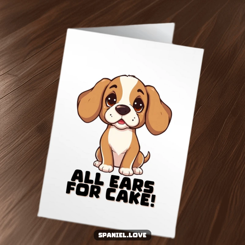 Free Printable Birthday Card: Spaniel character with a tilted head, listening intently with curious eyes.