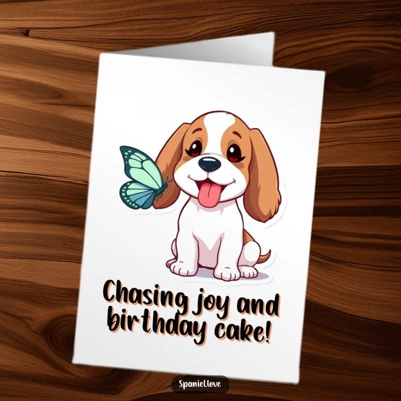 Funny Free Printable Birthday Card: Spaniel playfully chasing a butterfly with its tongue sticking out in concentration. Adorable goofball.