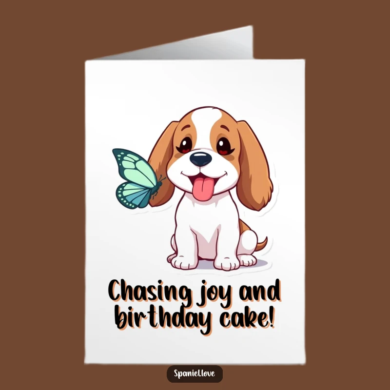 Free Printable Birthday Card: Goofy Spaniel Butterfly Chase, Funny Dog Gift