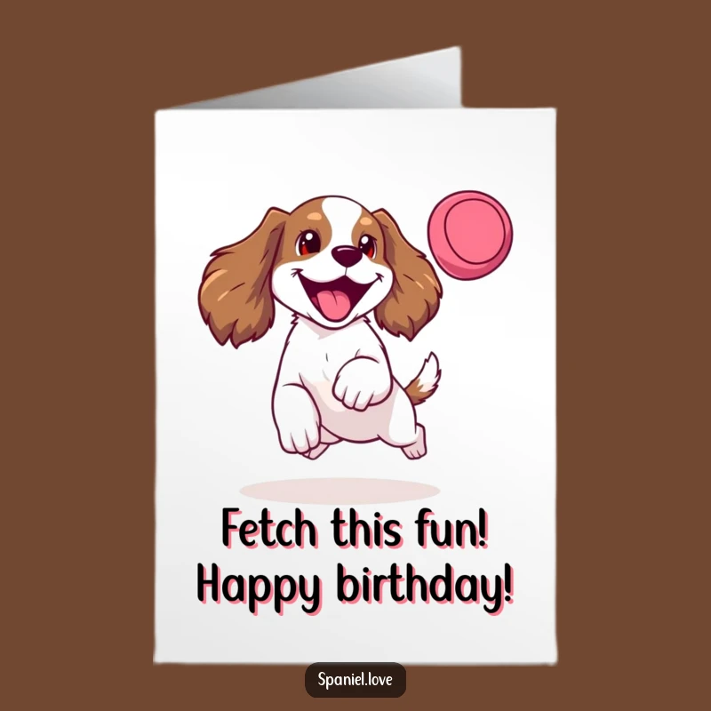 Free Printable Birthday Card: Happy Spaniel Frisbee Leap Funny Downloadable Gift