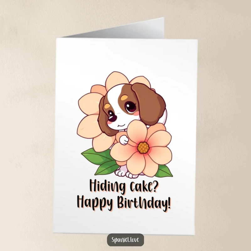 Funny Free Printable Birthday Card: A cute spaniel with a wagging tail peeks out from behind a huge flower.