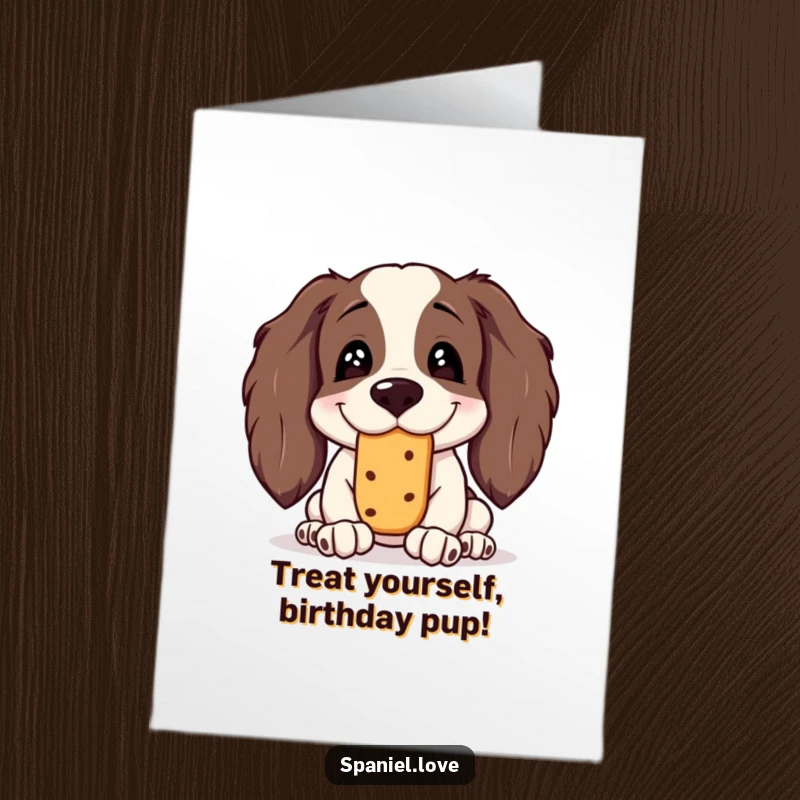 Funny Free Printable Birthday Card: Spaniel with silly grin attempting to balance a treat on its nose.