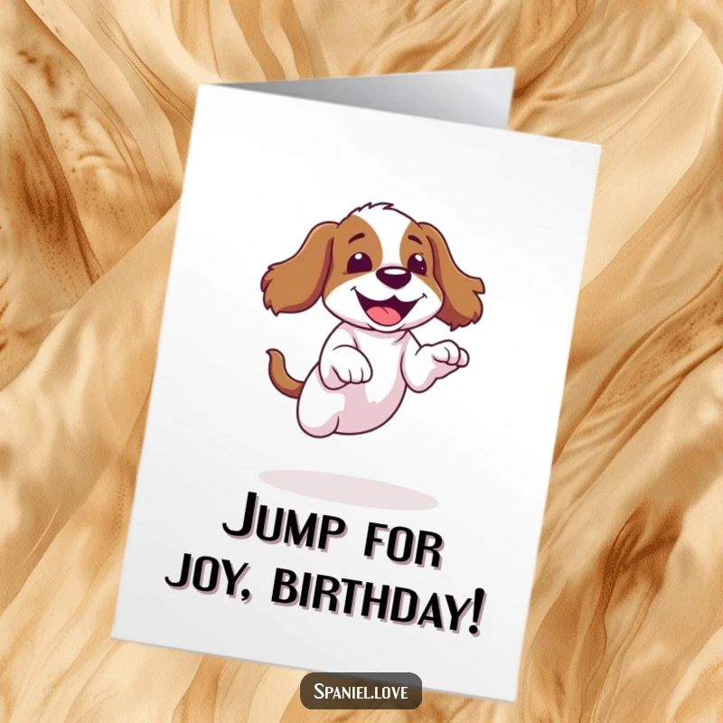 Funny Free Printable Birthday Card: Spaniel mid-clumsy jump, landing with a goofy grin. Hilarious dog humor.