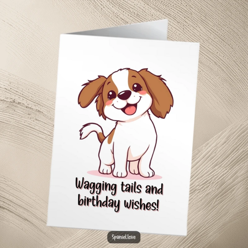 Funny Free Printable Birthday Card: Spaniel tail blurred with pure joy, ready to celebrate with a wag.