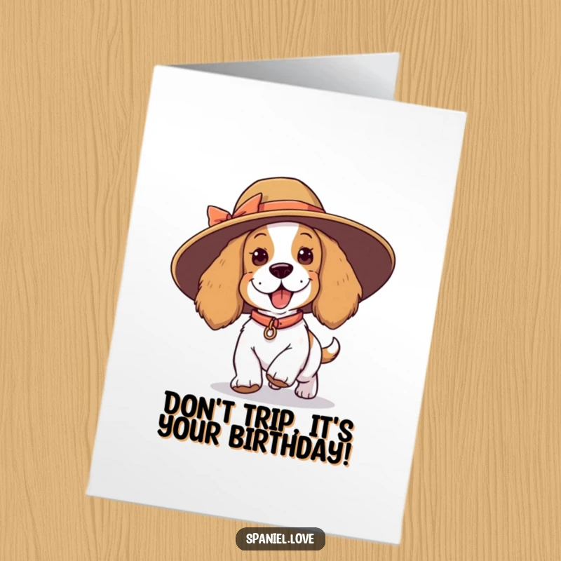 Funny Free Printable Birthday Card: Playful spaniel character tripping hilariously while wearing an oversized, comical hat, celebrating birthdays.