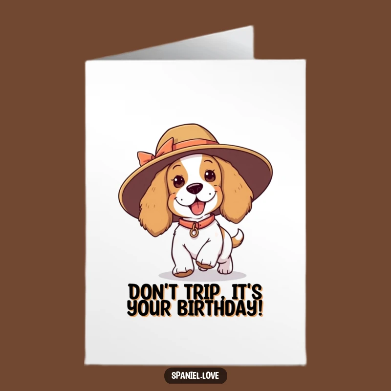 Free Printable Birthday Card: Funny Spaniel Tripping Hat, Downloadable Gift for Clumsy Fun
