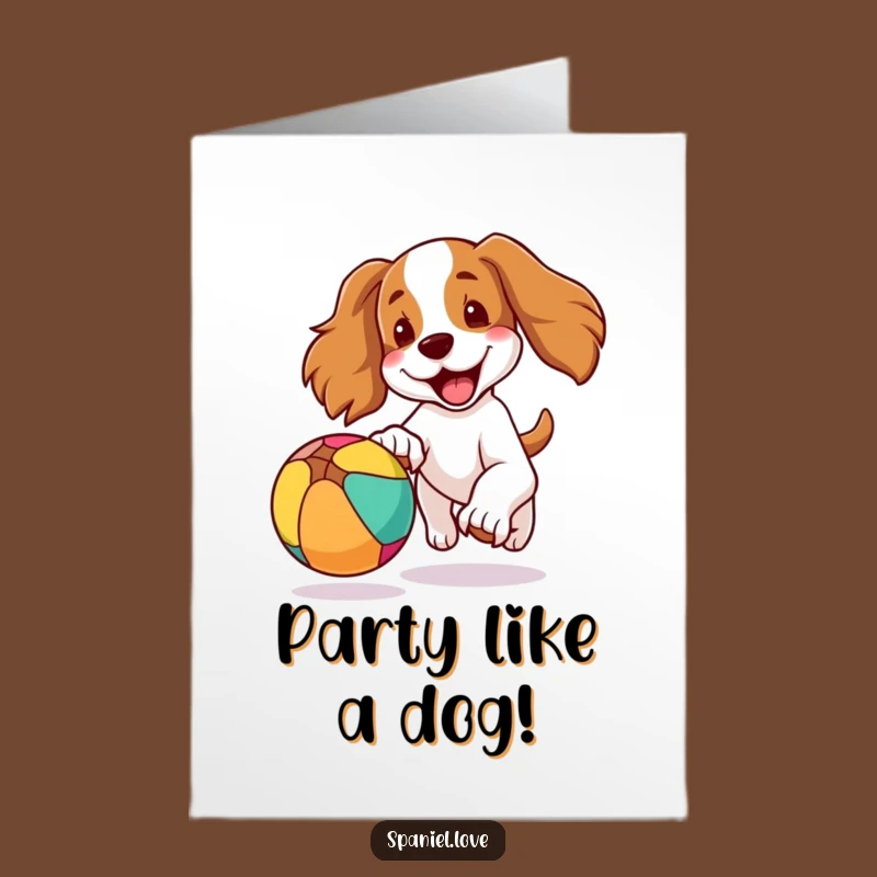 Free Printable Birthday Card: Happy Spaniel Chasing Ball, Fun Downloadable Gift for Dog Lovers