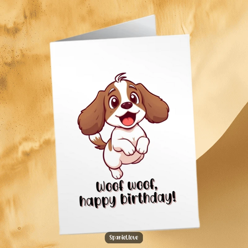 Funny Free Printable Birthday Card: A spaniel leaps back, surprised by its own furiously wagging tail, a comical DIY gift.