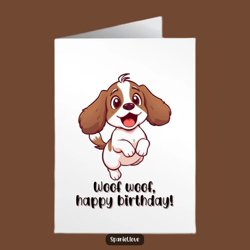 Free Printable Birthday Card: Silly Spaniel Chased by Tail - Funny Downloadable