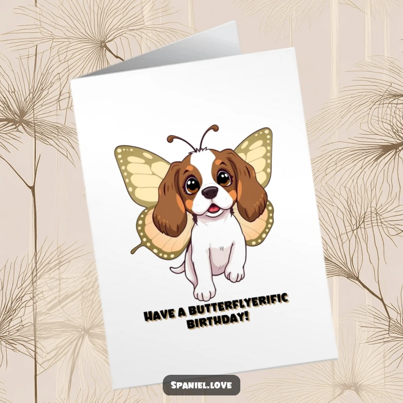 Funny Free Printable Birthday Card: Spaniel looks surprised as a large butterfly gently carries it through the air.
