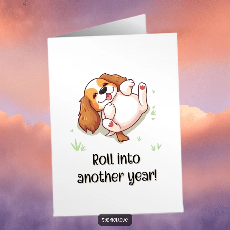 Funny Free Printable Birthday Card: An excited spaniel rolls happily on its back in the grass.