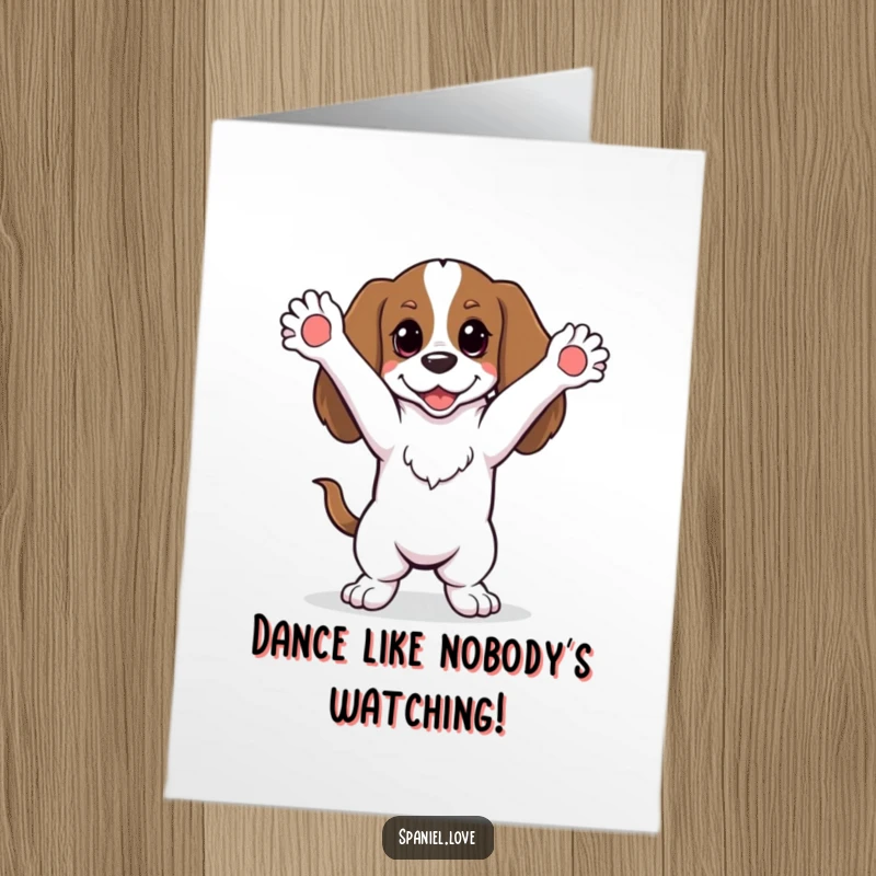 Funny Free Printable Birthday Card: A spaniel dances silly with its paws joyfully in the air.