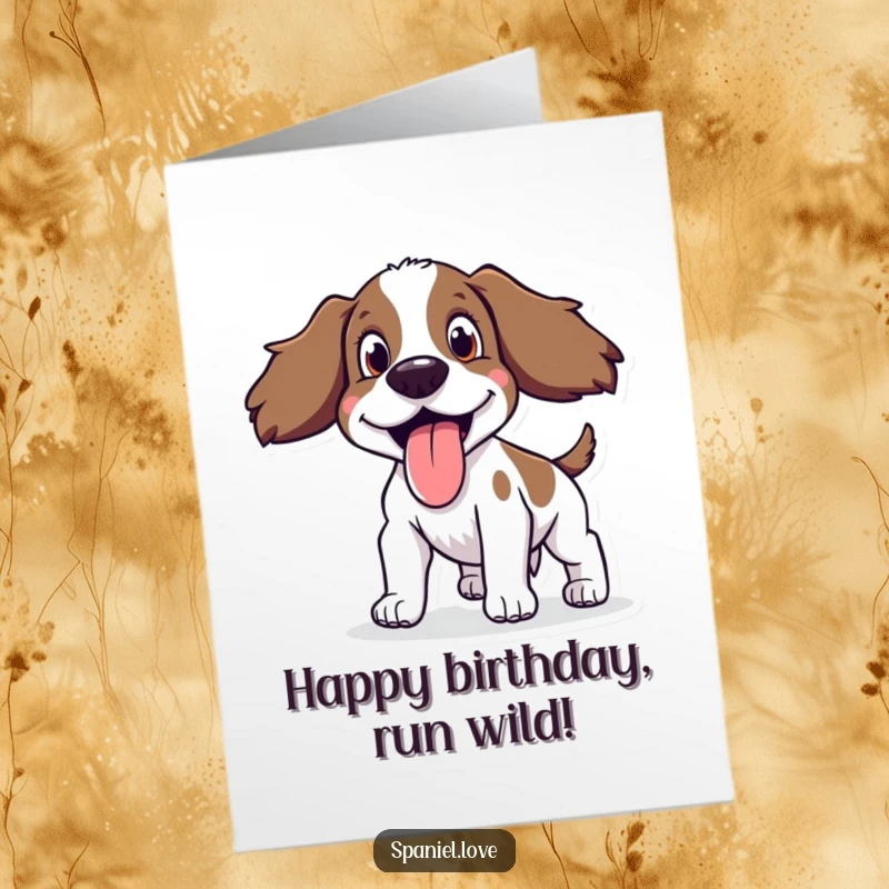 Funny free printable birthday card: A spaniel with its tongue out, panting happily after a long run, full of birthday cheer.