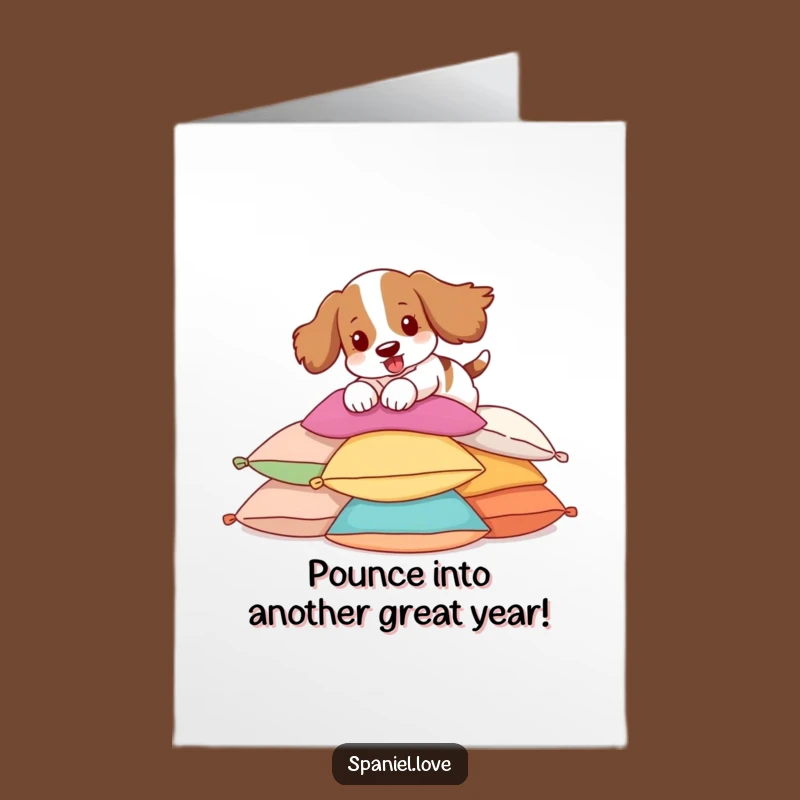 Free Printable Playful Spaniel Birthday Card: Fun Dog Pounce Downloadable Gift for Kids