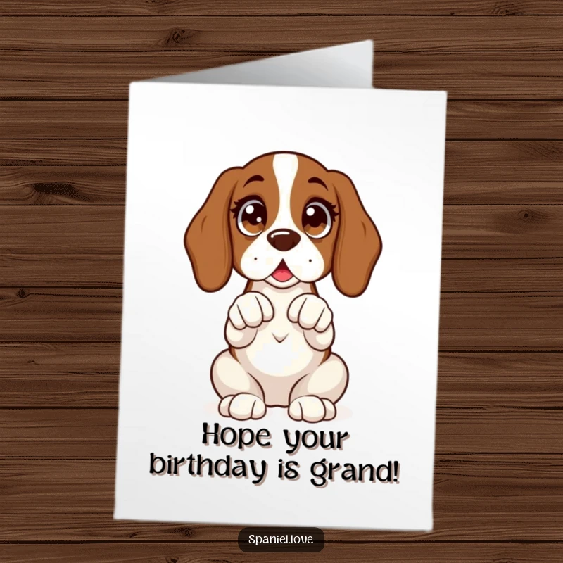 Funny Free Printable Birthday Card: Spaniel sits upright, paws clasped expectantly with wide, excited eyes, waiting for birthday fun.