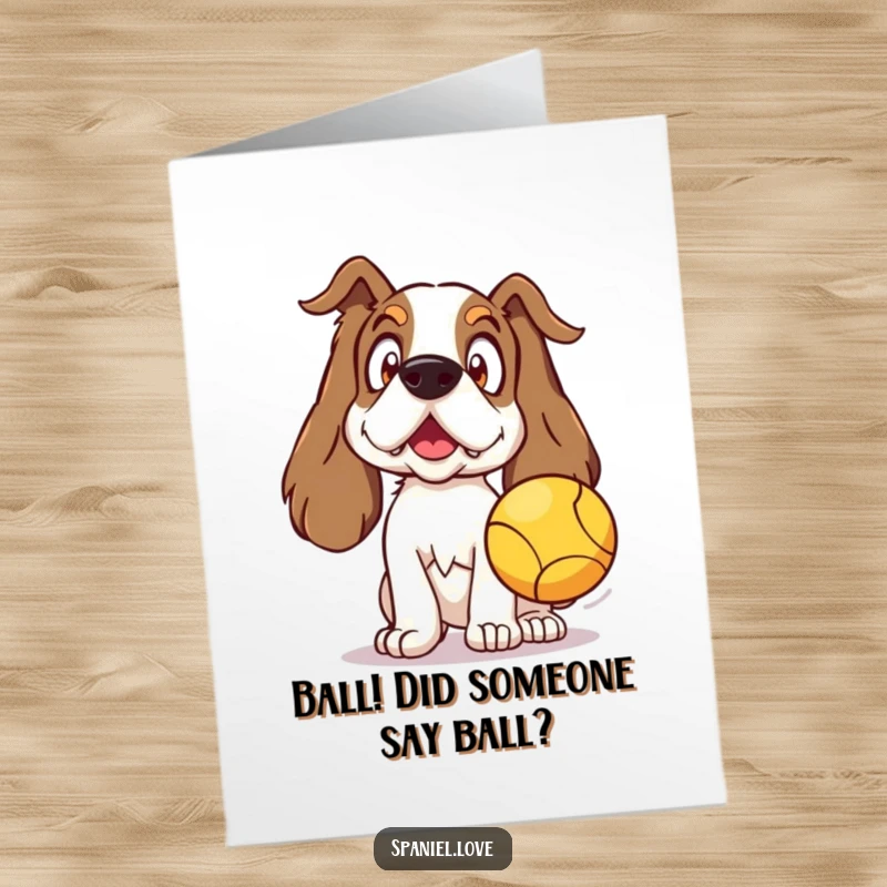Funny free printable birthday card: A spaniel with perked ears looks shocked at a thrown ball, ready for playtime fun.