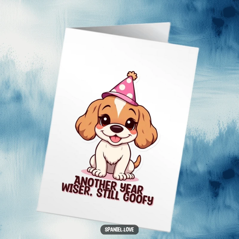 Funny Free Printable Birthday Card: Goofy Spaniel wearing a party hat with a massive grin, ready to celebrate.
