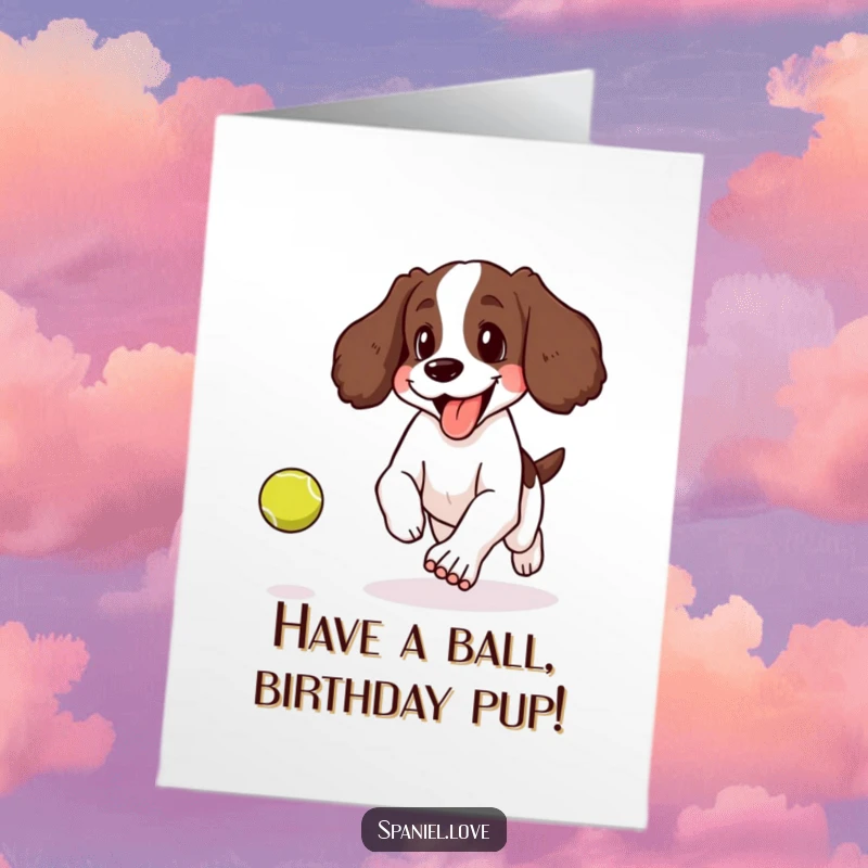 Funny Free Printable Birthday Card: Spaniel happily pants, tongue lolling, chasing a bouncing tennis ball with glee.