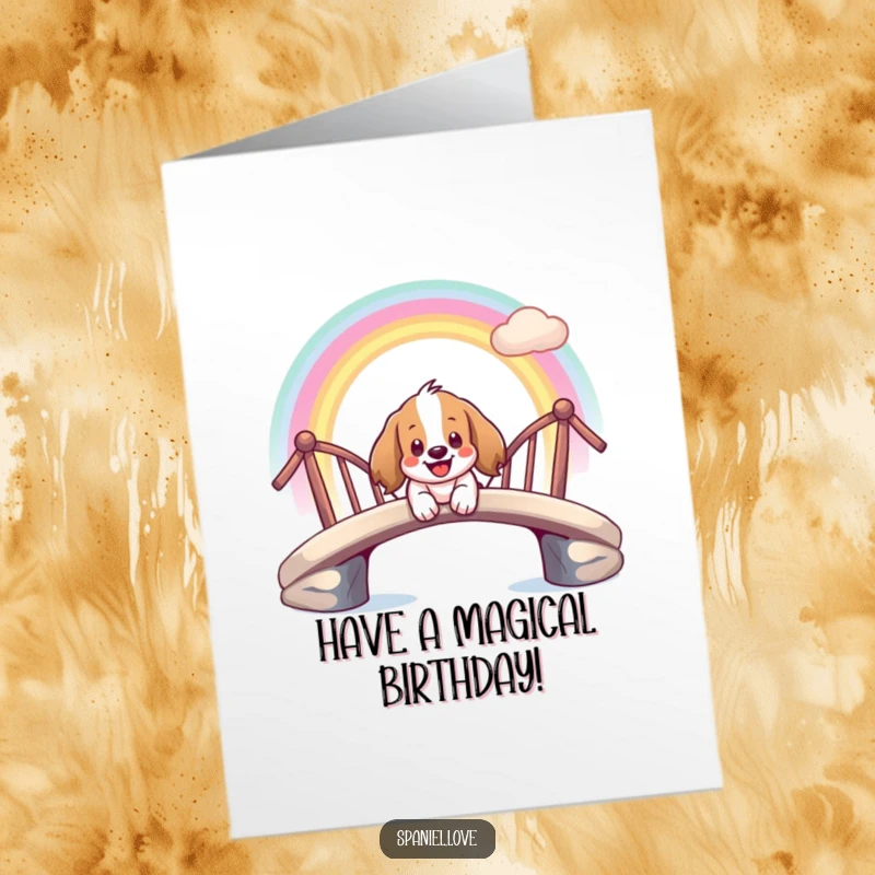 Funny Free Printable Birthday Card: A giddy spaniel slides happily down a rainbow bridge, a delightful DIY gift idea.