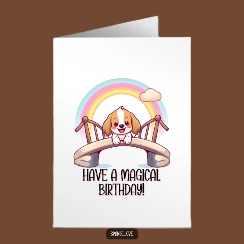 Free Printable Birthday Card: Spaniel on Rainbow - Funny Joyful Downloadable