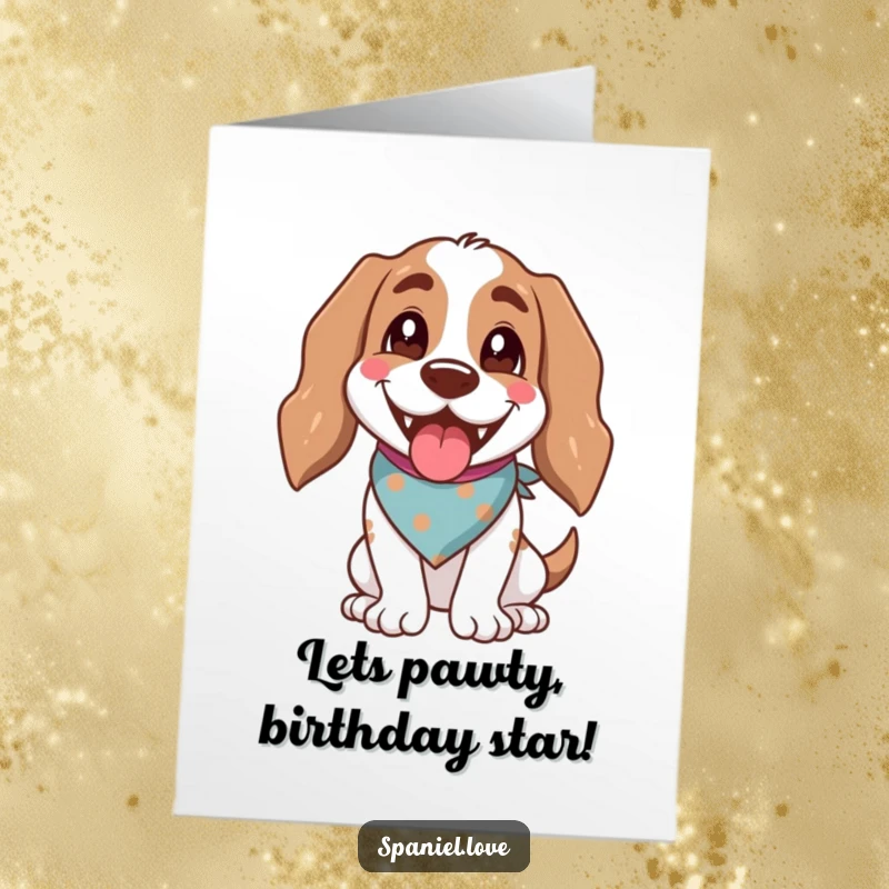 Funny free printable birthday card showing a happy spaniel with a bandana, panting with its mouth open.