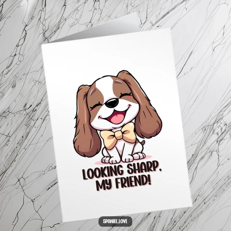 Funny Free Printable Birthday Card: A delighted spaniel sporting a huge bowtie winks, a stylish and humorous DIY gift.