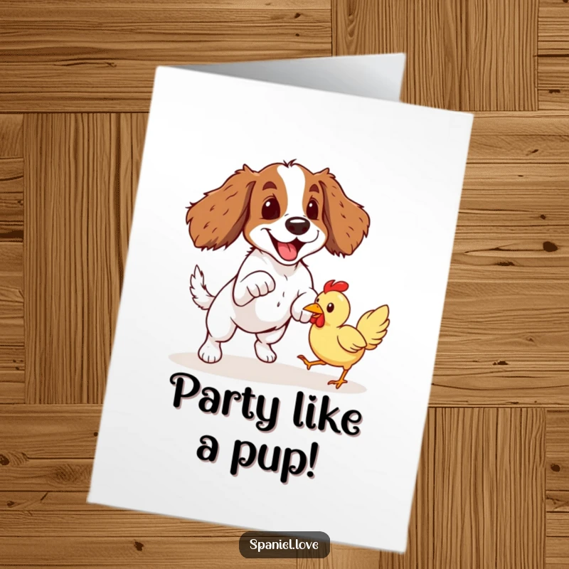 Funny Free Printable Birthday Card: Spaniel in a playful pounce, ready to fetch a rubber chicken.
