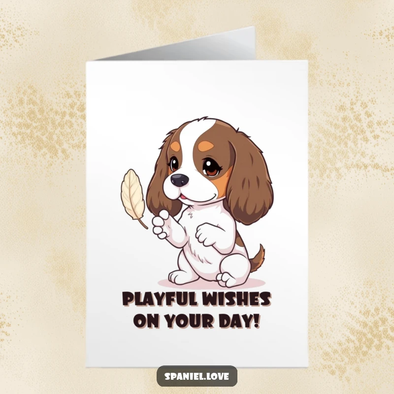 Funny Free Printable Birthday Card: Spaniel with tiny paws playfully bats at a floating feather. Cute dog.