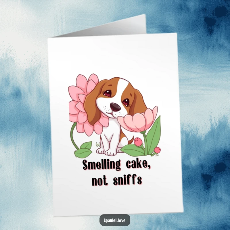 Funny Free Printable Birthday Card: A spaniel curiously sniffs a large blooming flower, head tilted in wonder.