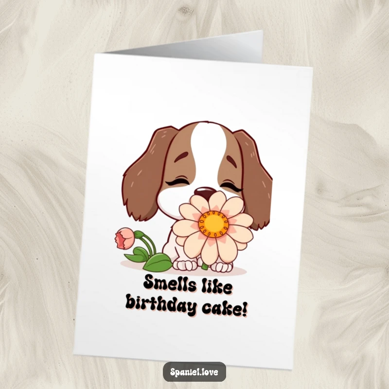 Funny Free Printable Birthday Card: A happy spaniel buries its nose in a huge flower, a sweet and funny DIY gift.