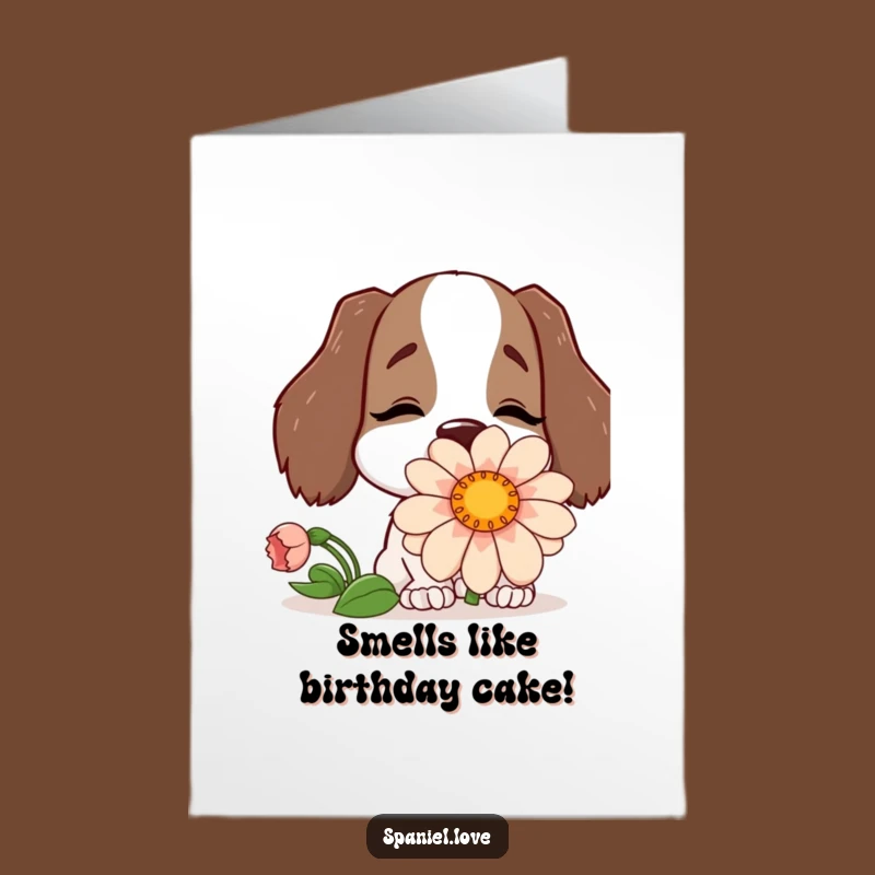 Free Printable Birthday Card: Happy Spaniel in Giant Flower - Funny Downloadable
